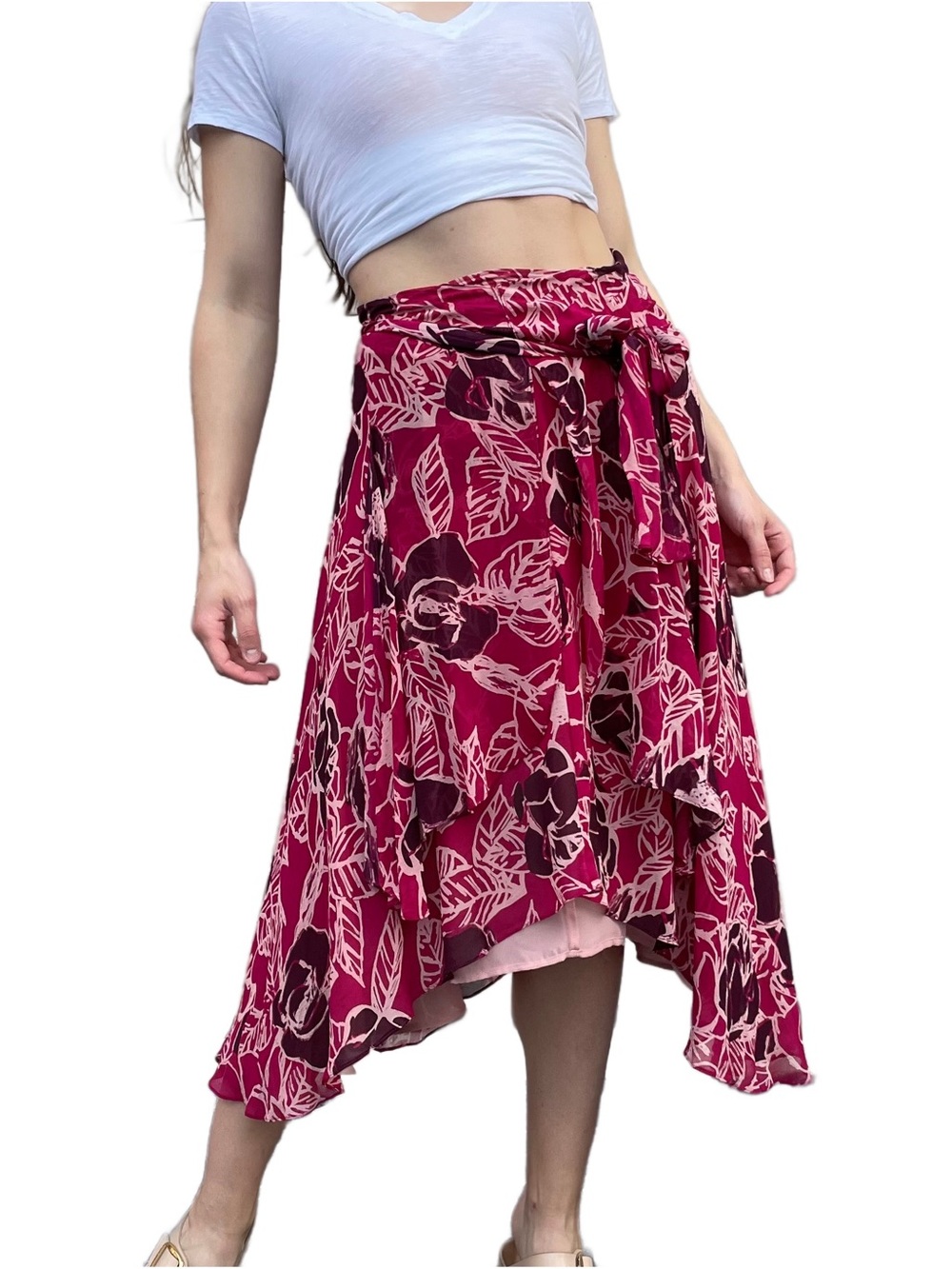 Odille Pink Floral Silk Chiffon Asymmetrical Midi Skirt 8